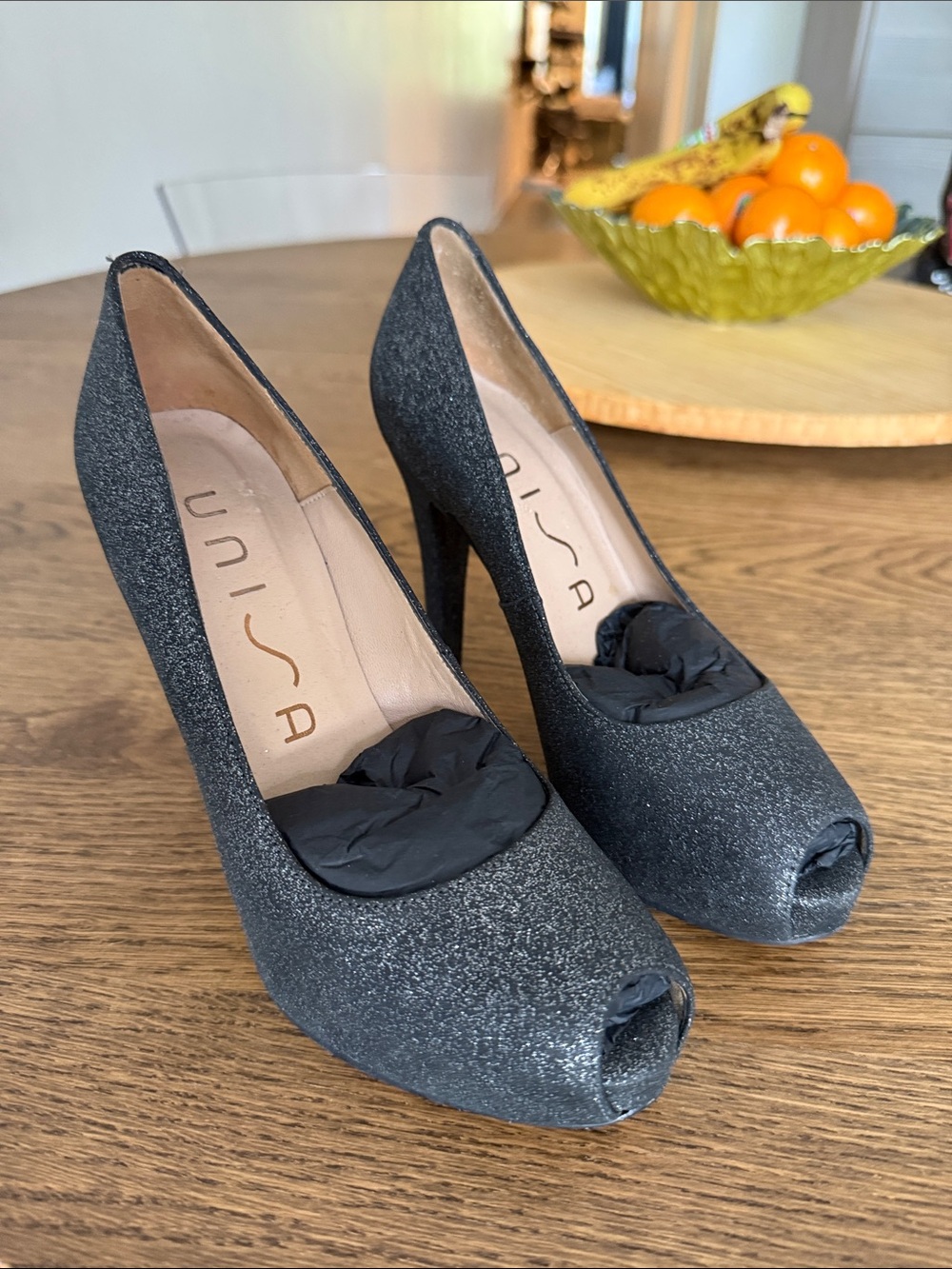 Unisa Black Glitter Peep-Toe Heels